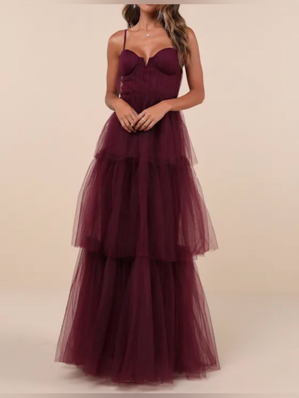 Lulu's Burgundy Tiered Tulle Maxi Dress